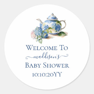 Blaue Hortensien-Baby-Shower-Teeparty Runder Aufkleber