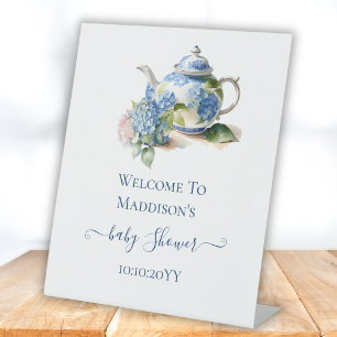 Blaue Hortensien-Baby-Shower-Teeparty-Willkommen Sockelschild