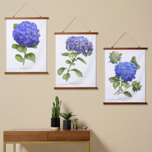 Blaue Hortensien Blumen Botanische Kunst Set von 3 Wandteppich Mit Holzrahmen