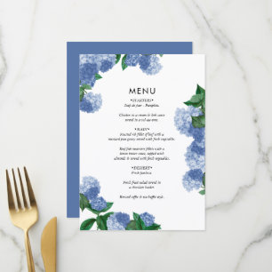 Blaue Hortensien-Blumen-Grün-Moderne Hochzeit Menükarte