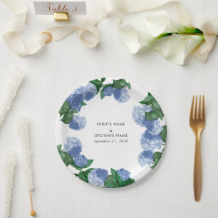 Blaue Hortensien-Blumen-Grün-Moderne Hochzeit Pappteller