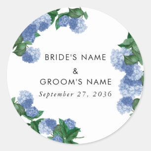 Blaue Hortensien-Blumen-Grün-Moderne Hochzeit Runder Aufkleber