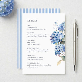 Blaue Hortensien-Blumen-Hochzeitsdetails Begleitkarte
