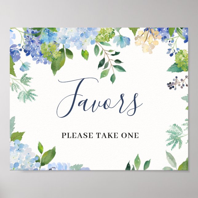 Blaue Hortensien-Blumen-Hochzeitsgunst-Sign Poster (Vorne)