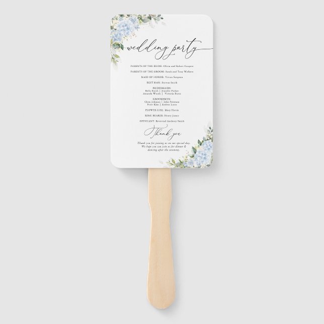 Blaue Hortensien-Blumen-Hochzeitsprogramm-Handfäch Fächer (Rückseite)