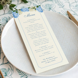Blaue Hortensien-Blumen Weiße Rosen Gartenhochzeit Menükarte
