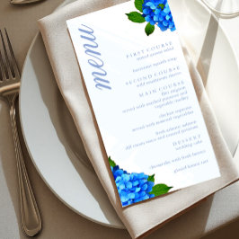 Blaue Hortensien-Blumenhochzeit Menükarte