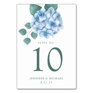 Blaue Hortensien-Blumenhochzeit Tischnummer