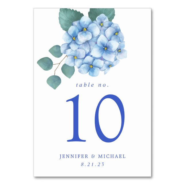 Blaue Hortensien-Blumenhochzeit Tischnummer (Vorderseite)