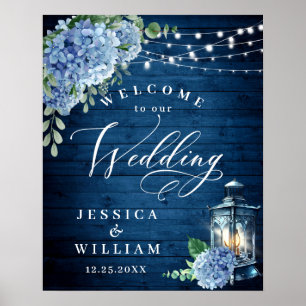 Blaue Hortensien-Blumenlaterne Holz Willkommen Hoc Poster