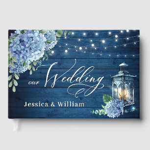 Blaue Hortensien-Blumenlaterne Navy Holz Hochzeit Gästebuch