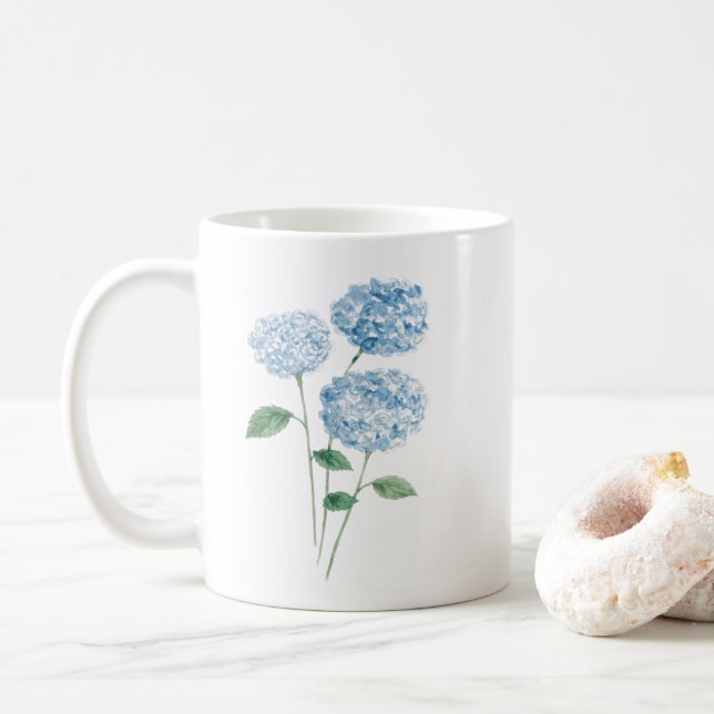 Blaue Hortensien-Blumenmalerei  Kaffeetasse (Mit Donut)