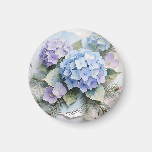 Blaue Hortensien-Blumenstrauß-Aquarell Serenität Magnet