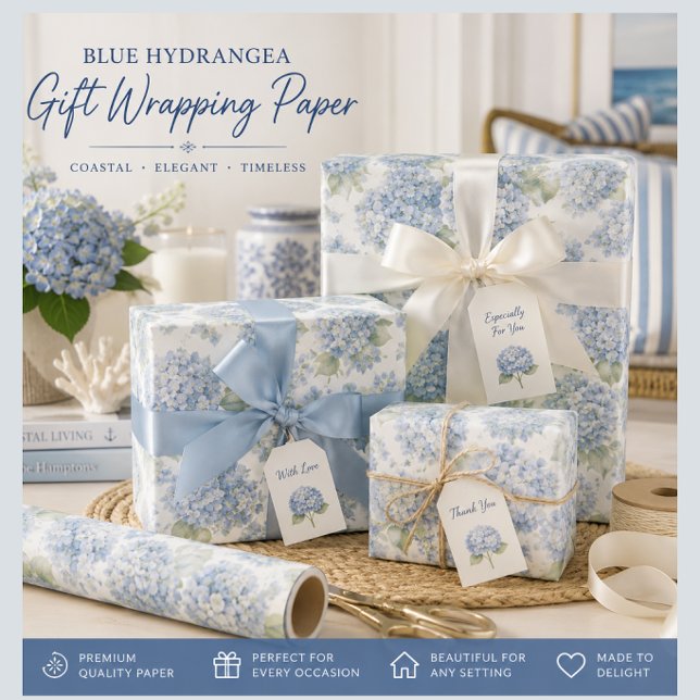Blaue Hortensien-Blumenverpackungspapier Geschenkpapier (Elegant blue hydrangea gift wrap for coastal gifting, weddings, birthdays and special occasions.)