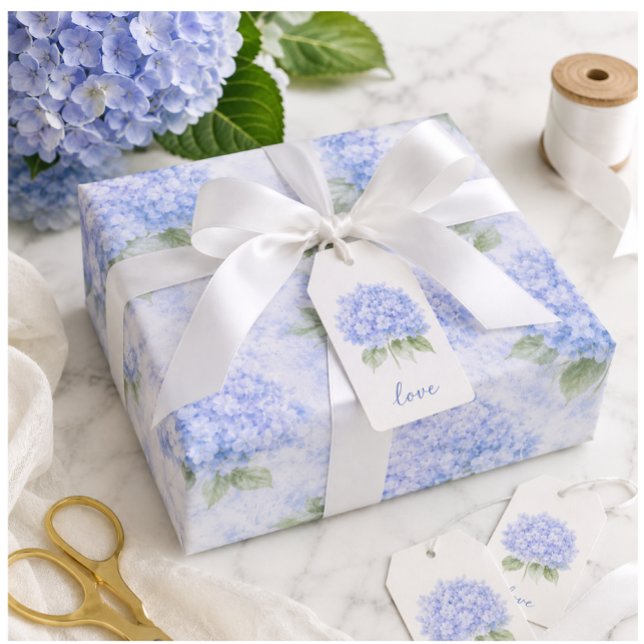 Blaue Hortensien-Blumenverpackungspapier Geschenkpapier (Elegant blue hydrangea gift wrap for thoughtful gifting, boutique presents, and beautiful occasions.)