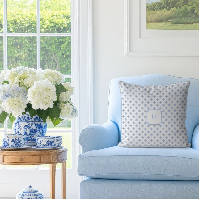 Blaue Hortensien-Blütenmonogramm   Kissen (Hydrangea Petal Blue Monogram Pillow)