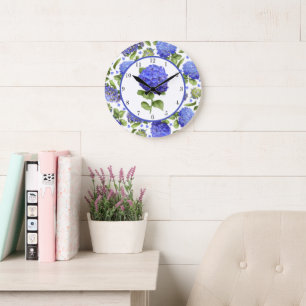 Blaue Hortensien Botanische Kunst Blumen Große Wanduhr