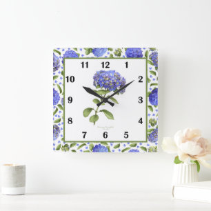 Blaue Hortensien Botanische Kunstwanduhr Quadratische Wanduhr