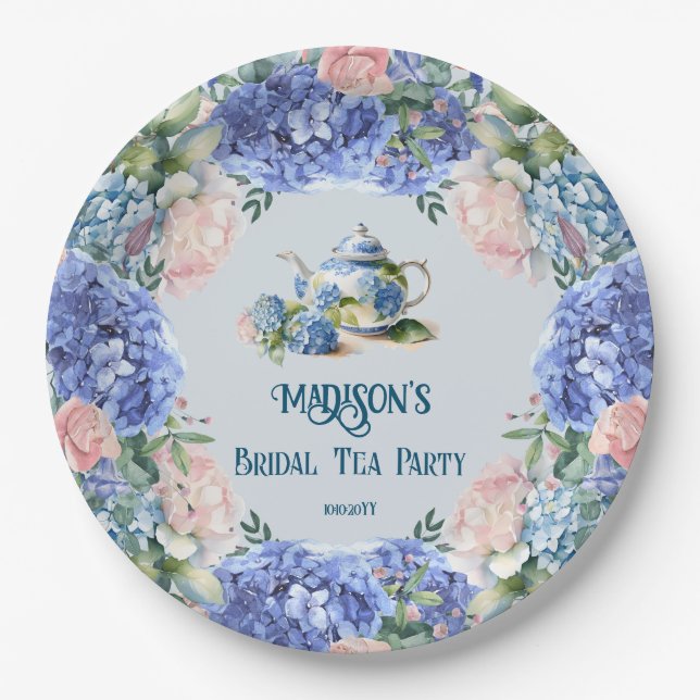 Blaue Hortensien Braut-Teeparty Pappteller (Vorderseite)