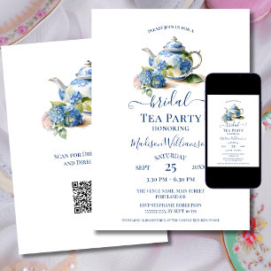 Blaue Hortensien Braut-Teeparty QR-Code Einladung