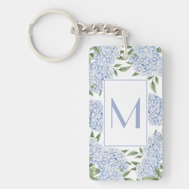 Blaue Hortensien Einzelinitiale Monogramm Custom Schlüsselanhänger (Vorderseite)