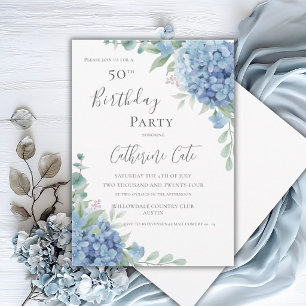 Blaue Hortensien Florale Eleganz 50. Geburtstag Einladung