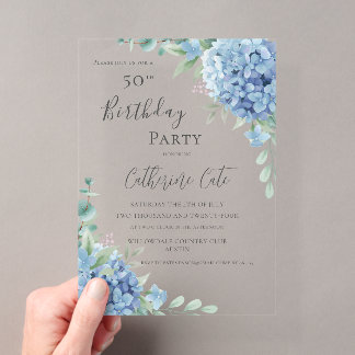 Blaue Hortensien Florale Eleganz zum 50. Geburtsta Acryleinladungen