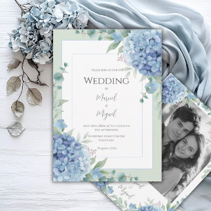 Blaue Hortensien Florales Foto Elegante Hochzeit Einladung