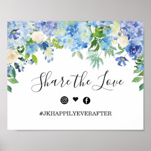 Blaue Hortensien-Grün-Hochzeit-Hashtag-Schild Poster