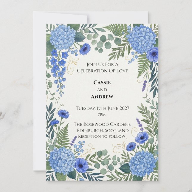 Blaue Hortensien-Hochzeit Einladung (Vorderseite)
