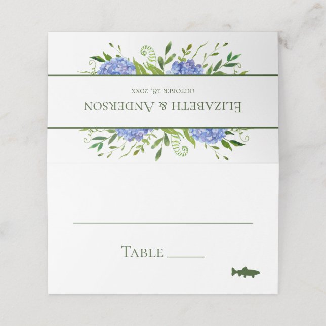 Blaue Hortensien Hochzeit Platzkarte (Außenseite Aufgefaltet)