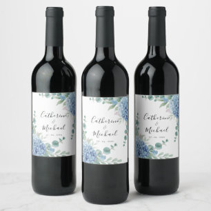 Blaue Hortensien Hochzeit  Weinetikett