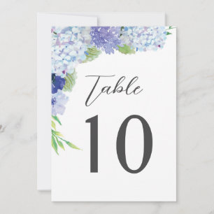 Blaue Hortensien-Hochzeitsempfang-Tischnummern Einladung