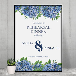 Blaue Hortensien Hochzeitsprobe-Abendessen-Schild Poster