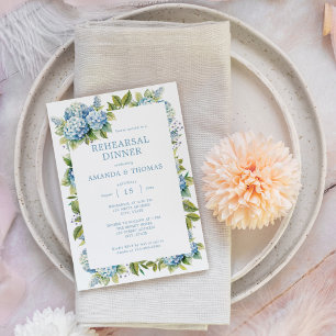 Blaue Hortensien Hochzeitsprobe-Dinner Einladung
