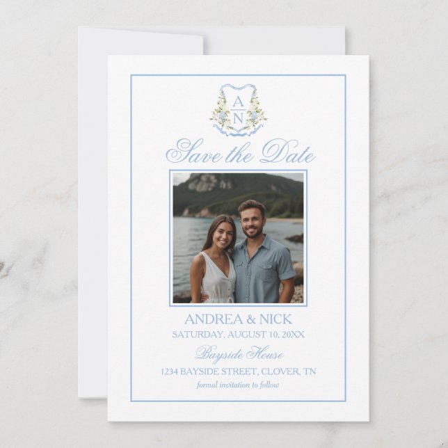 Blaue Hortensien-Kamm-Monogramm-QR-Code Save The Date (Vorderseite)