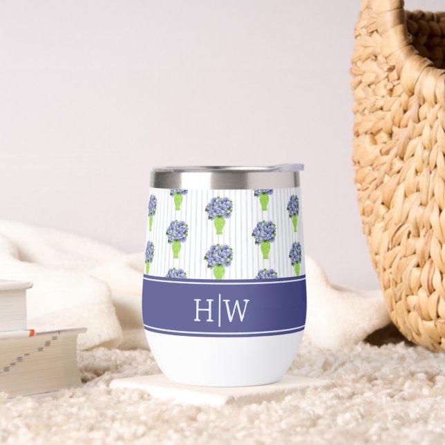 Blaue Hortensien-Küstenblumen-Vase-Monogramm (Wohnzimmer)
