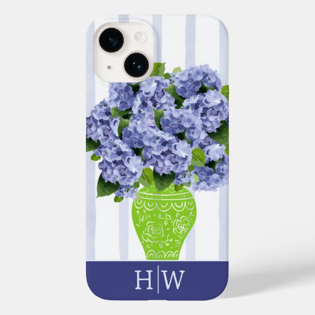 Blaue Hortensien-Küstenblumen-Vase-Monogramm Case-Mate iPhone Hülle (Rückseite)