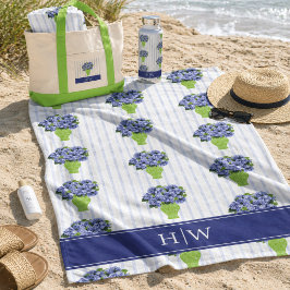 Blaue Hortensien-Küstenblumen-Vase Monogramm  Strandtuch