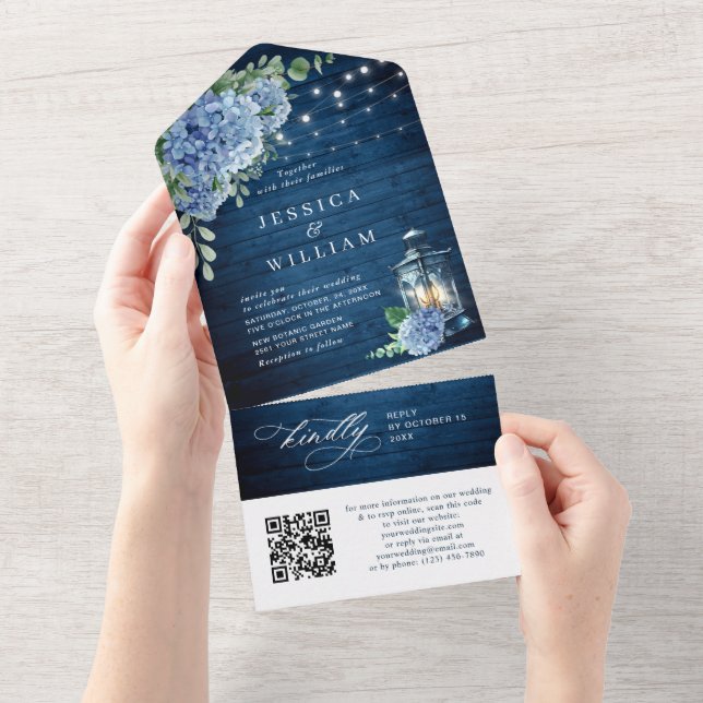 Blaue Hortensien-Laterne Holz Hochzeit QR-Code All In One Einladung (Abreißen)