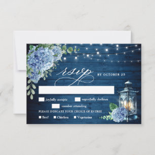 Blaue Hortensien-Laterne Holz Hochzeit Rustikal RSVP Karte