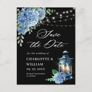 Blaue Hortensien-Laterne Schwarze Hochzeit Termin Postkarte
