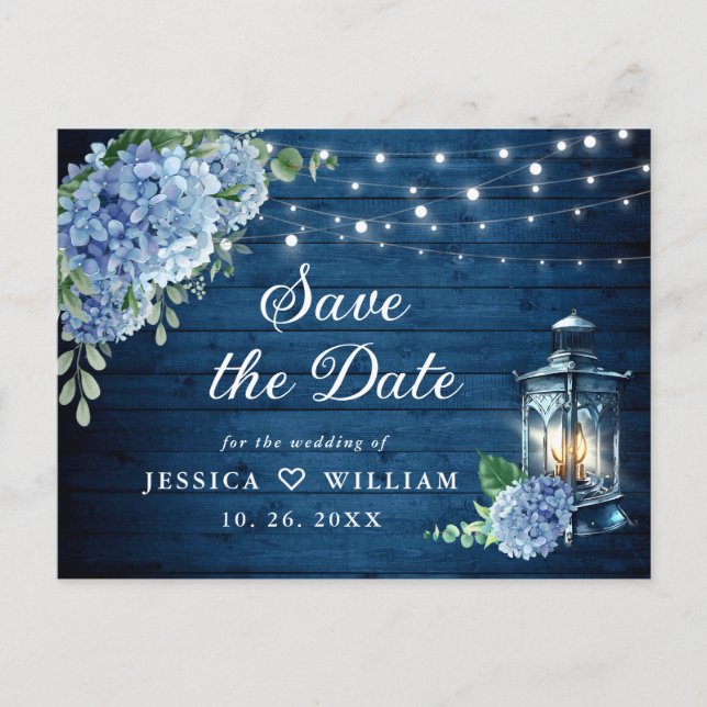 Blaue Hortensien-Laternen-Hochzeit Save the Date Postkarte (Vorderseite)