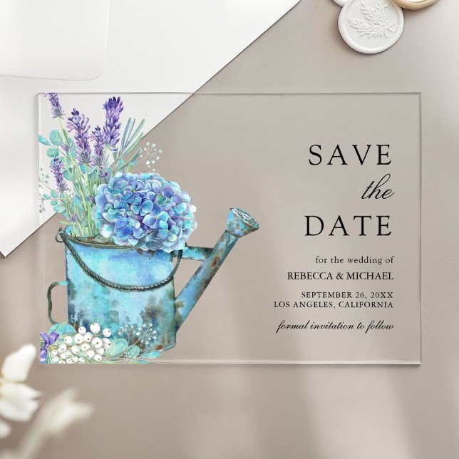 Blaue Hortensien Lavendel Hochzeit Save the Date Acryleinladungen (Von Creator hochgeladen)