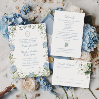Blaue Hortensien-Monogramm-Hochzeitswappen-Einladu Einladung