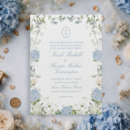 Blaue Hortensien-Monogramm-Hochzeitswappen-Einladu Einladung