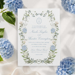 Blaue Hortensien-Monogramm-Wappen-Hochzeitseinladu Einladung