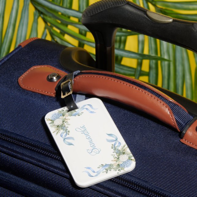 Blaue Hortensien Name personalisiert Gepäckanhänger (Vorderseite Insitu 1)