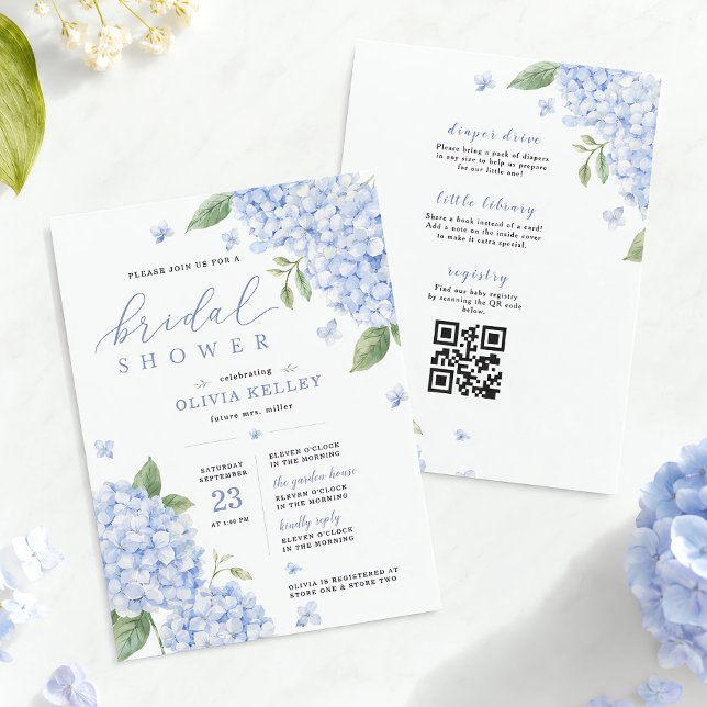 Blaue Hortensien-QR-Code-Aquarell-Blumen Einladung (Blue Hydrangea Qr Code Watercolor Floral Invitation)