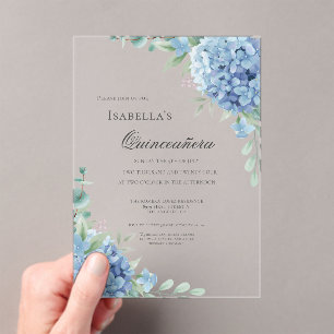 Blaue Hortensien Quinceañera-Feier 15 Acryleinladungen
